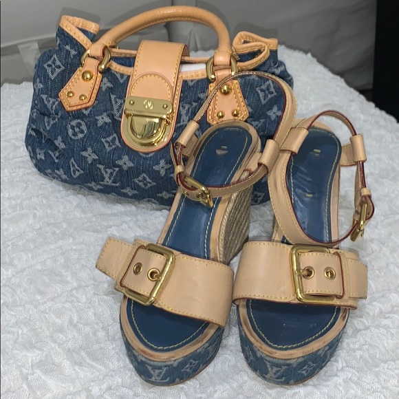 LOUIS VUITTON Shoes - LOUIS VUITTON BLUE DENIM MONOGRAM WEDGE SANDALS